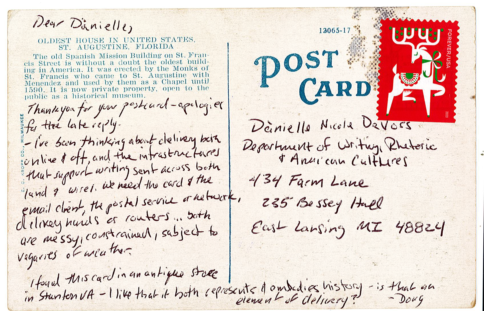 Figure 2: The back of Doug’s first postcard