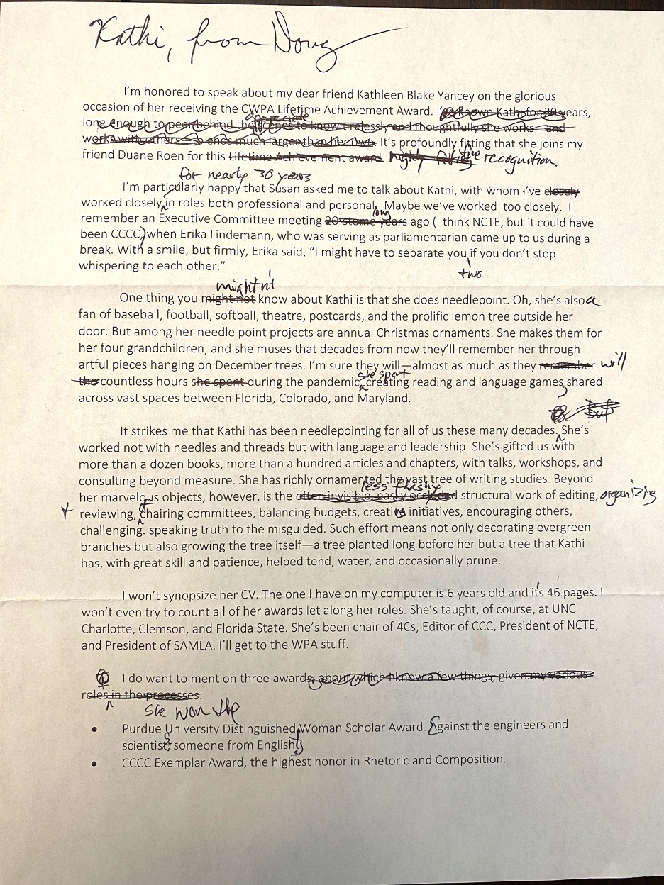 Doug's edited remarks on Kathi's reception of the CWPA Lifetime Achievement Award