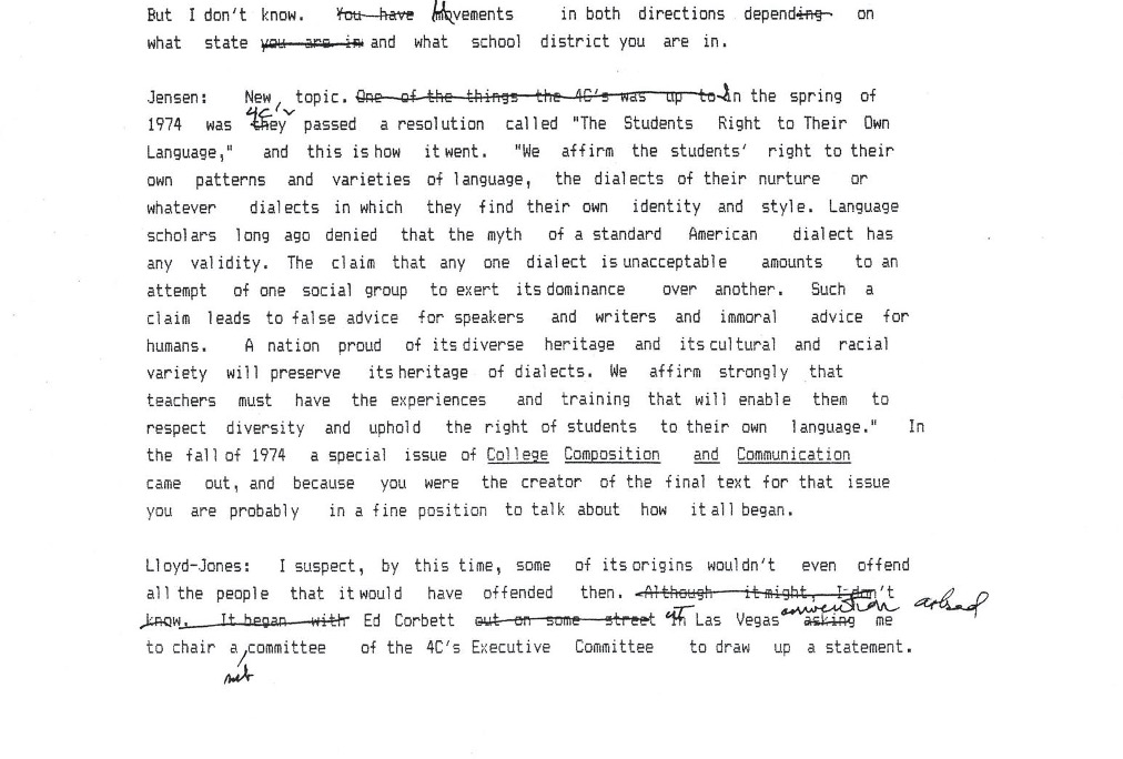 Excerpt from a lengthy interview of Jix Lloyd-Jones, by Julie Jensen, about the origins of Students Rights to Their Own Language, 1 of 2
