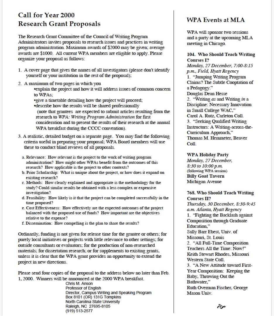 Call for grant proposals and list of WPA events at MLA, 1999