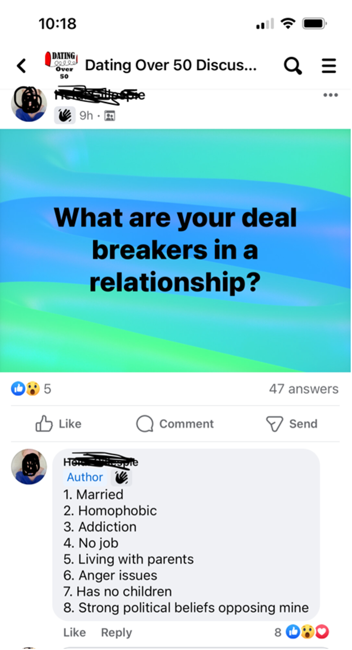 Screenshot of FB post: What are your dealbreakers?